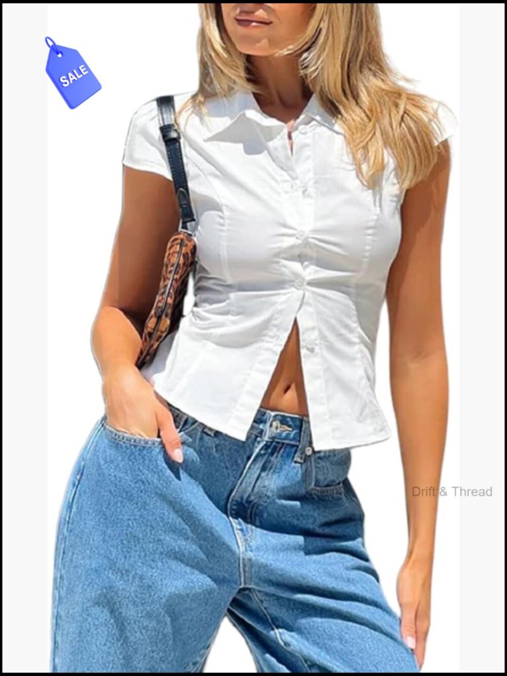 Y2K Button Down Short Sleeve Crop Top Slim Fit Blouse Preppy - Picture 1 of 4